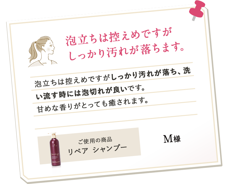泡立ちは控えめですがしっかり汚れが落ちます。泡立ちは控えめですがしっかり汚れが落ち、洗い流す時には泡切れが良いです。甘めな香りがとっても癒されます。ご使用の商品 リペア シャンプー M様